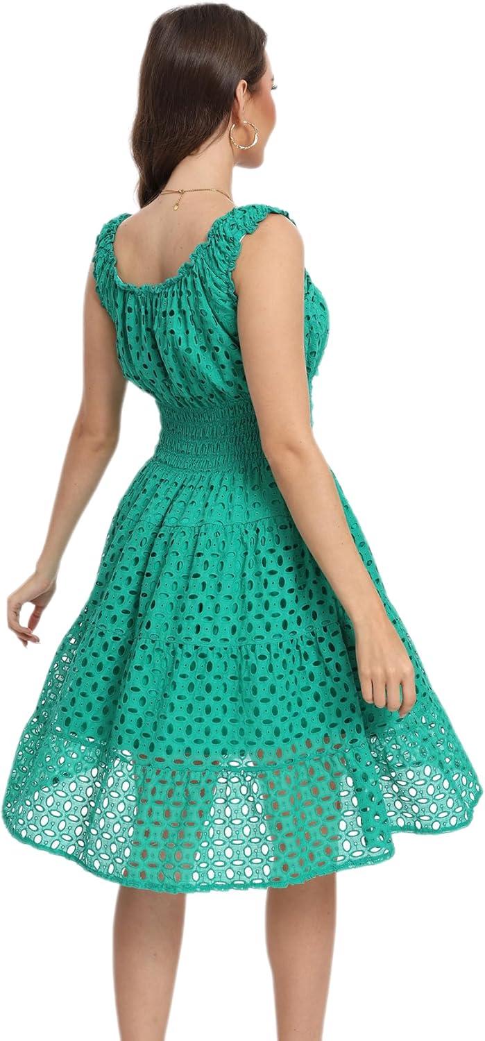 imageWomens 2025 Summer Short Dress Square Neck Hollow Out Lace Casual Beach DressesGreen