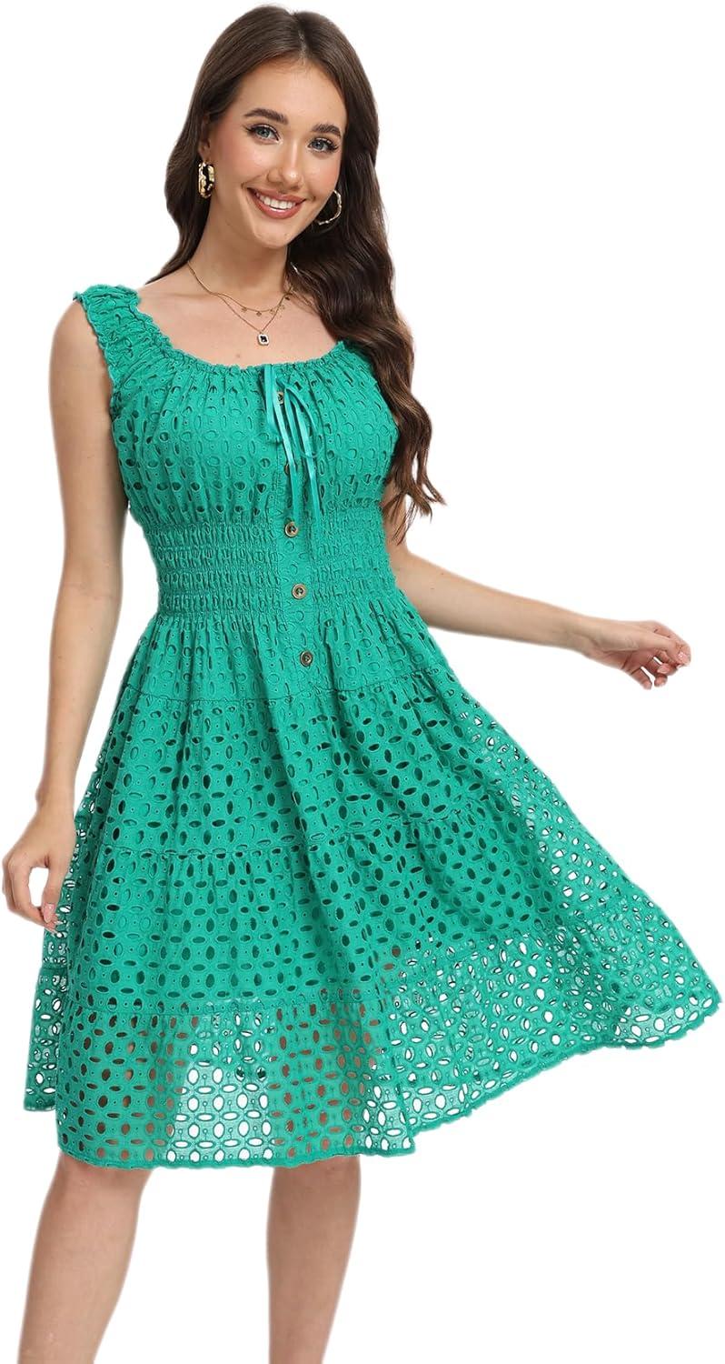 imageWomens 2025 Summer Short Dress Square Neck Hollow Out Lace Casual Beach DressesGreen