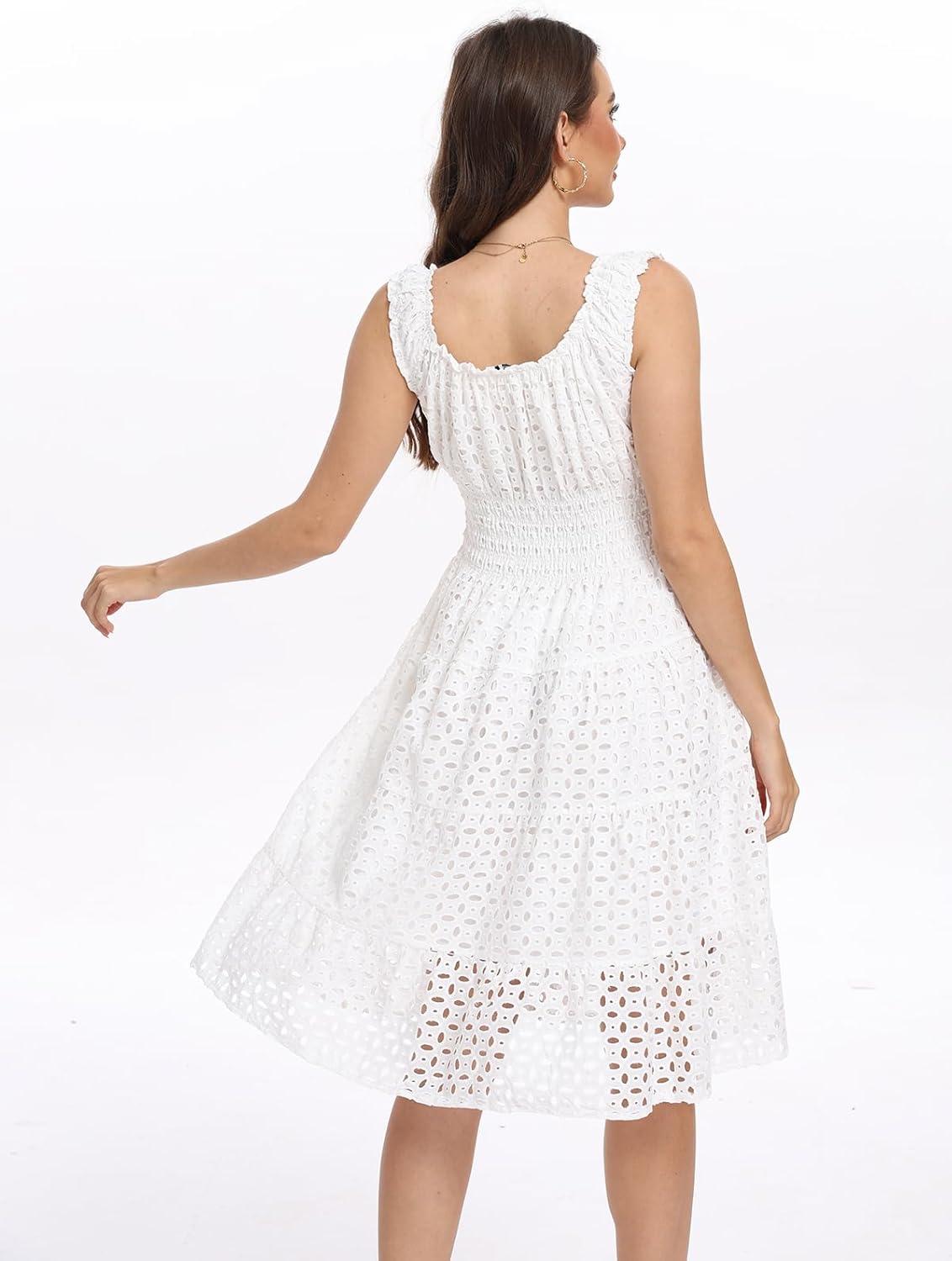 imageWomens 2025 Summer Short Dress Square Neck Hollow Out Lace Casual Beach DressesOffwhite