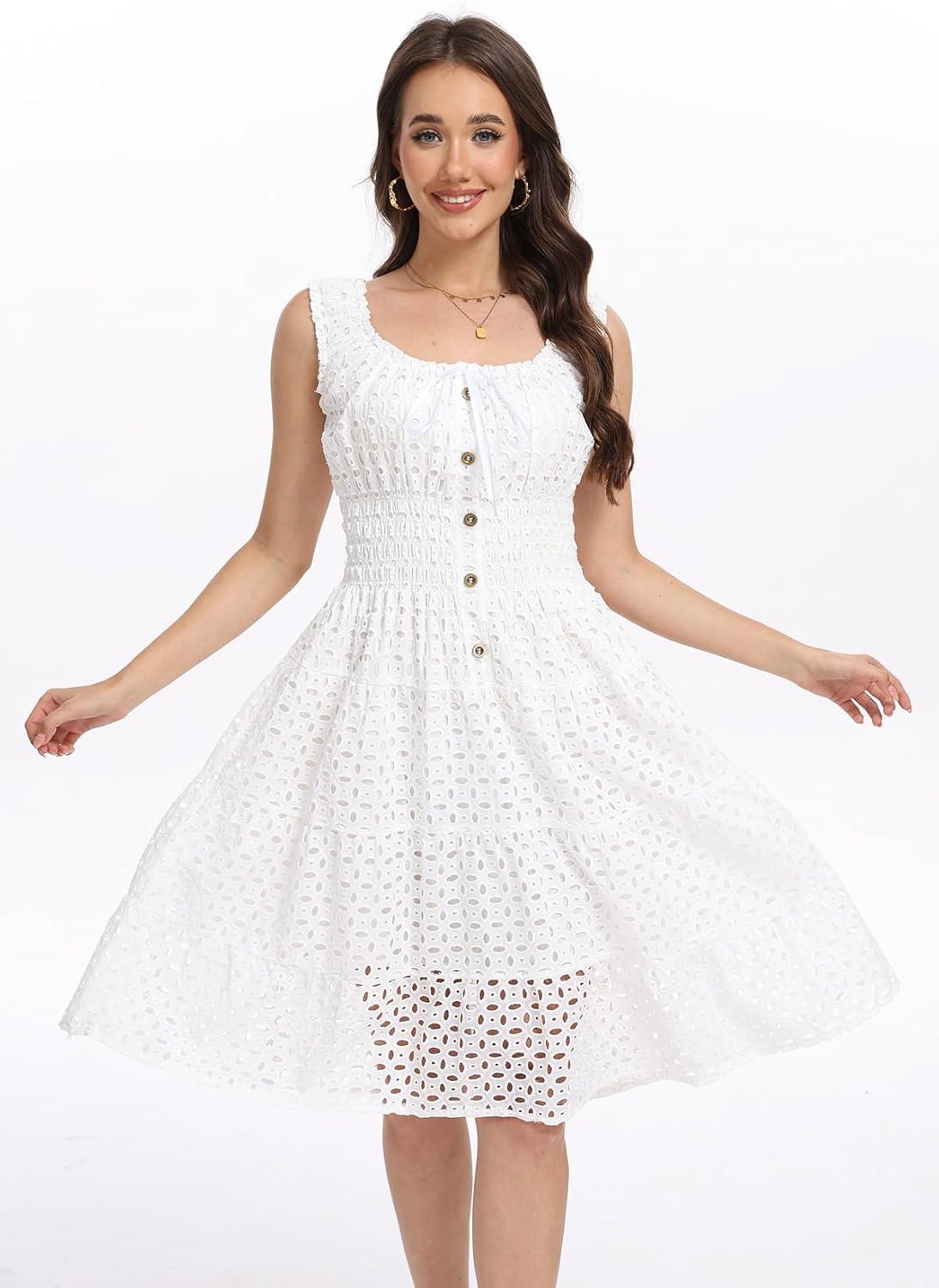 imageWomens 2025 Summer Short Dress Square Neck Hollow Out Lace Casual Beach DressesOffwhite