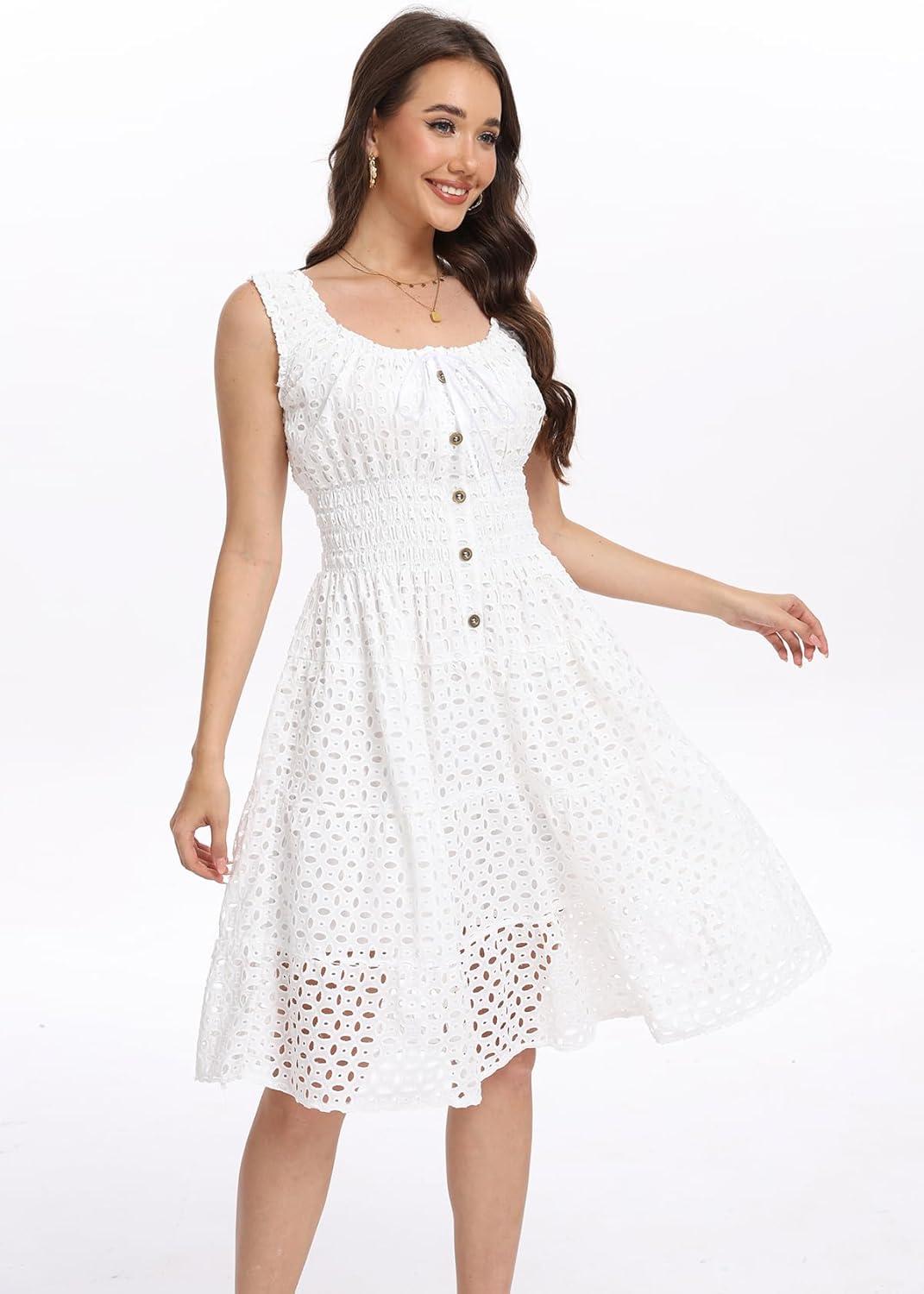 imageWomens 2025 Summer Short Dress Square Neck Hollow Out Lace Casual Beach DressesOffwhite