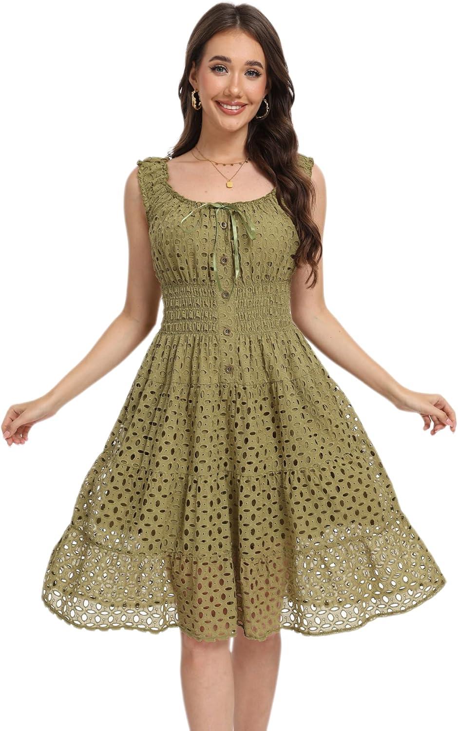 imageWomens 2025 Summer Short Dress Square Neck Hollow Out Lace Casual Beach DressesOlive Green