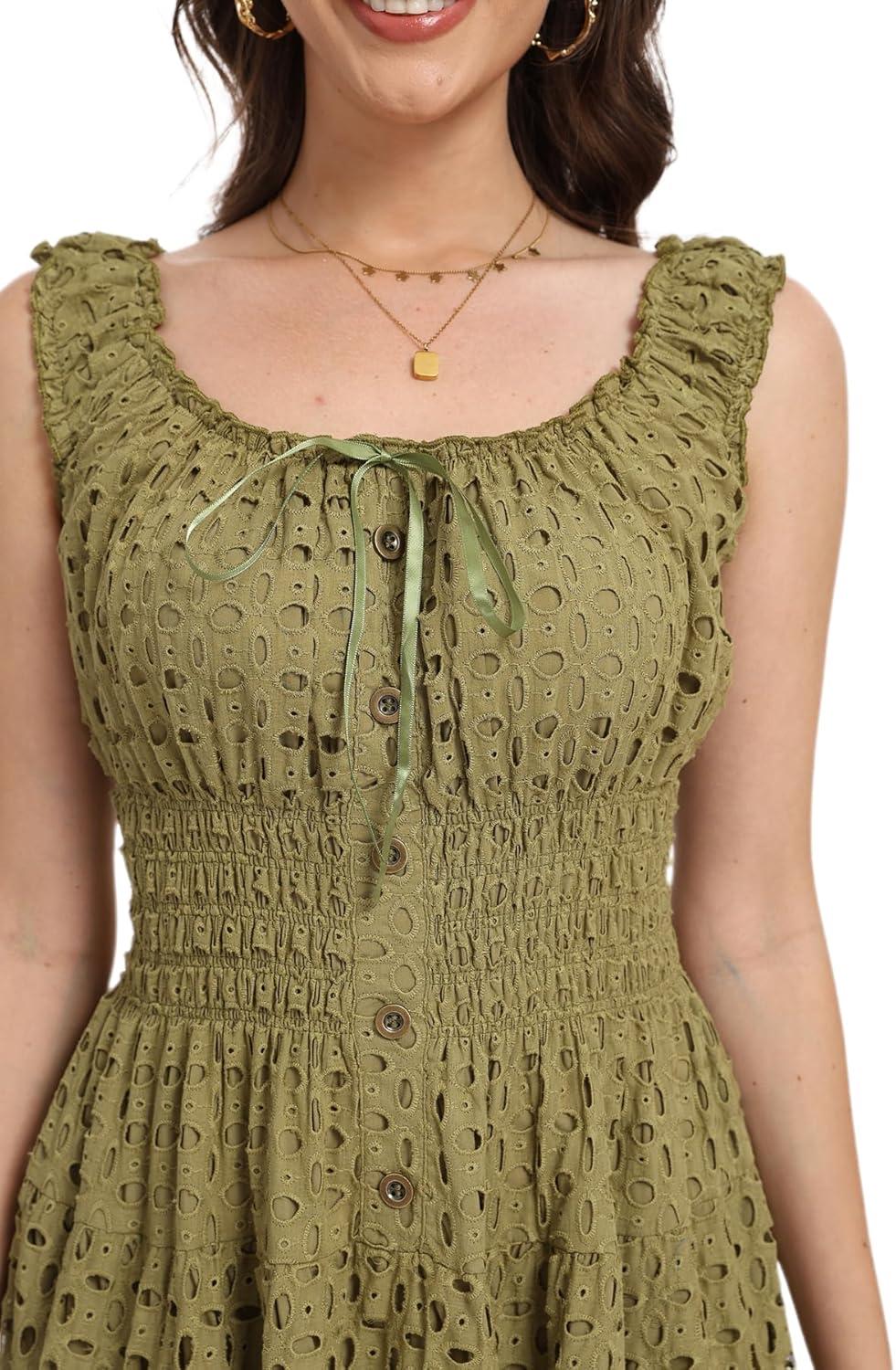 imageWomens 2025 Summer Short Dress Square Neck Hollow Out Lace Casual Beach DressesOlive Green
