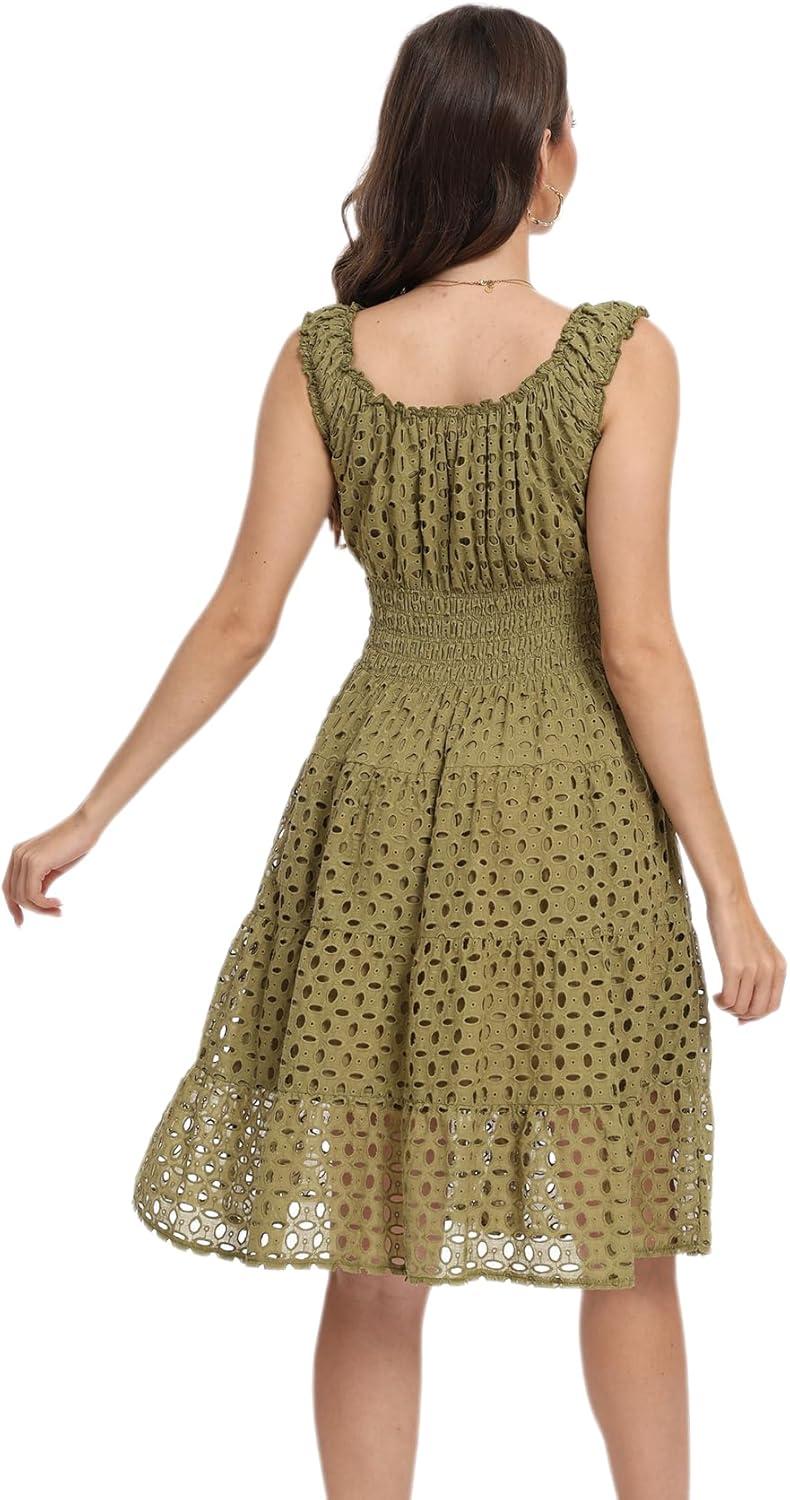 imageWomens 2025 Summer Short Dress Square Neck Hollow Out Lace Casual Beach DressesOlive Green