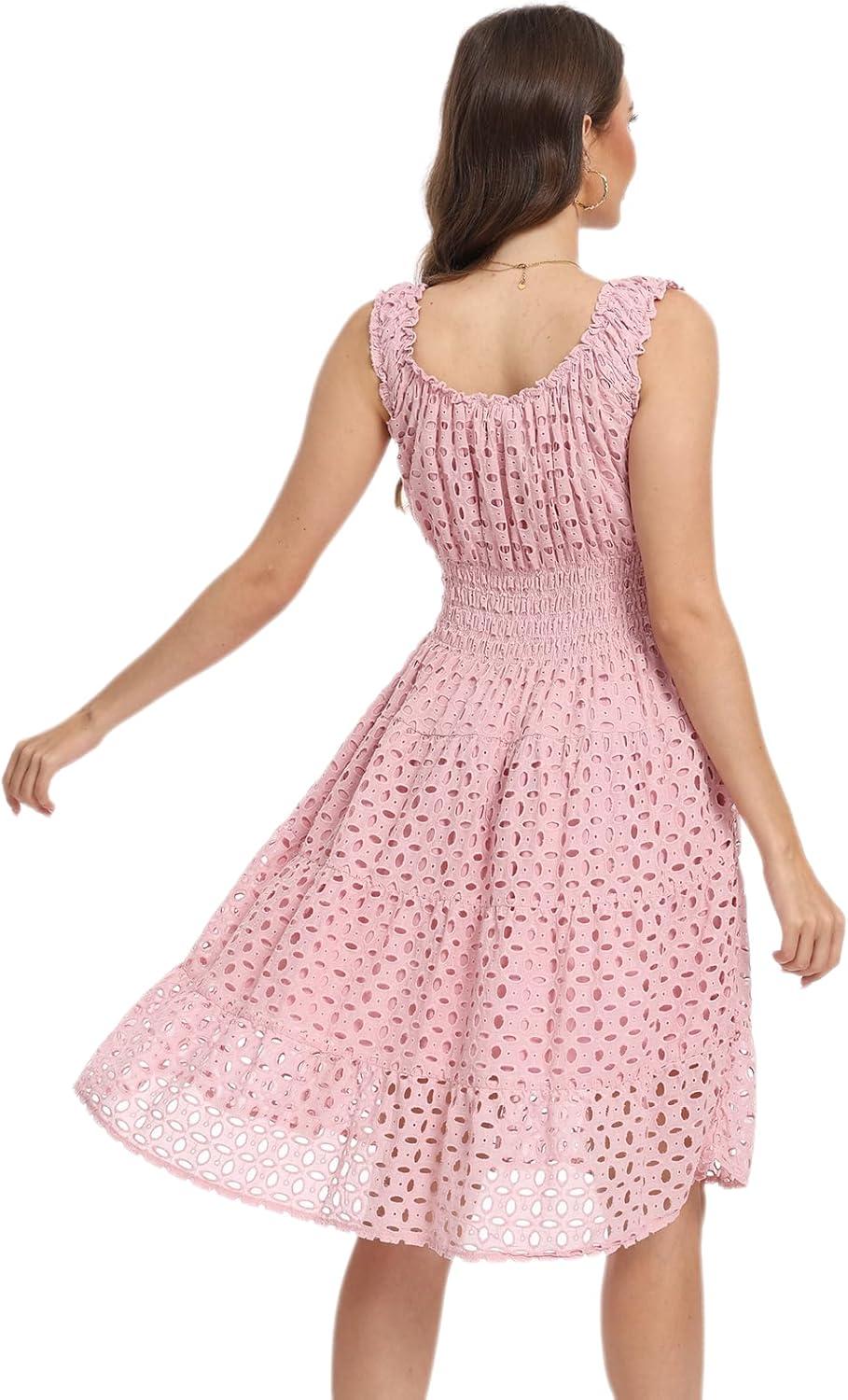 imageWomens 2025 Summer Short Dress Square Neck Hollow Out Lace Casual Beach DressesPink