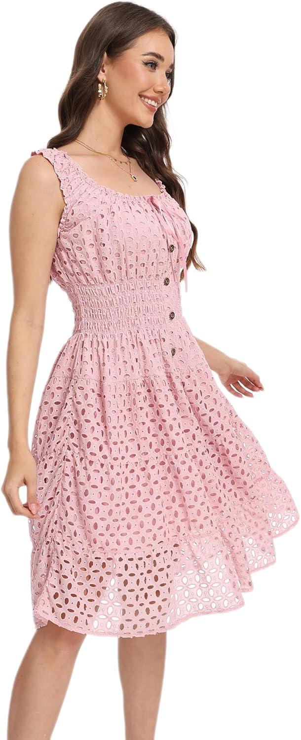 imageWomens 2025 Summer Short Dress Square Neck Hollow Out Lace Casual Beach DressesPink