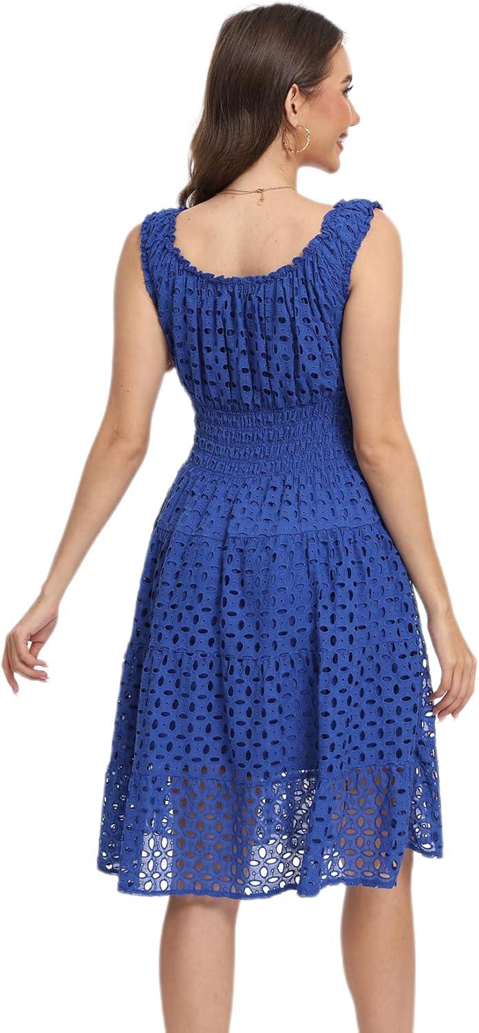 imageWomens 2025 Summer Short Dress Square Neck Hollow Out Lace Casual Beach DressesRoyal Blue