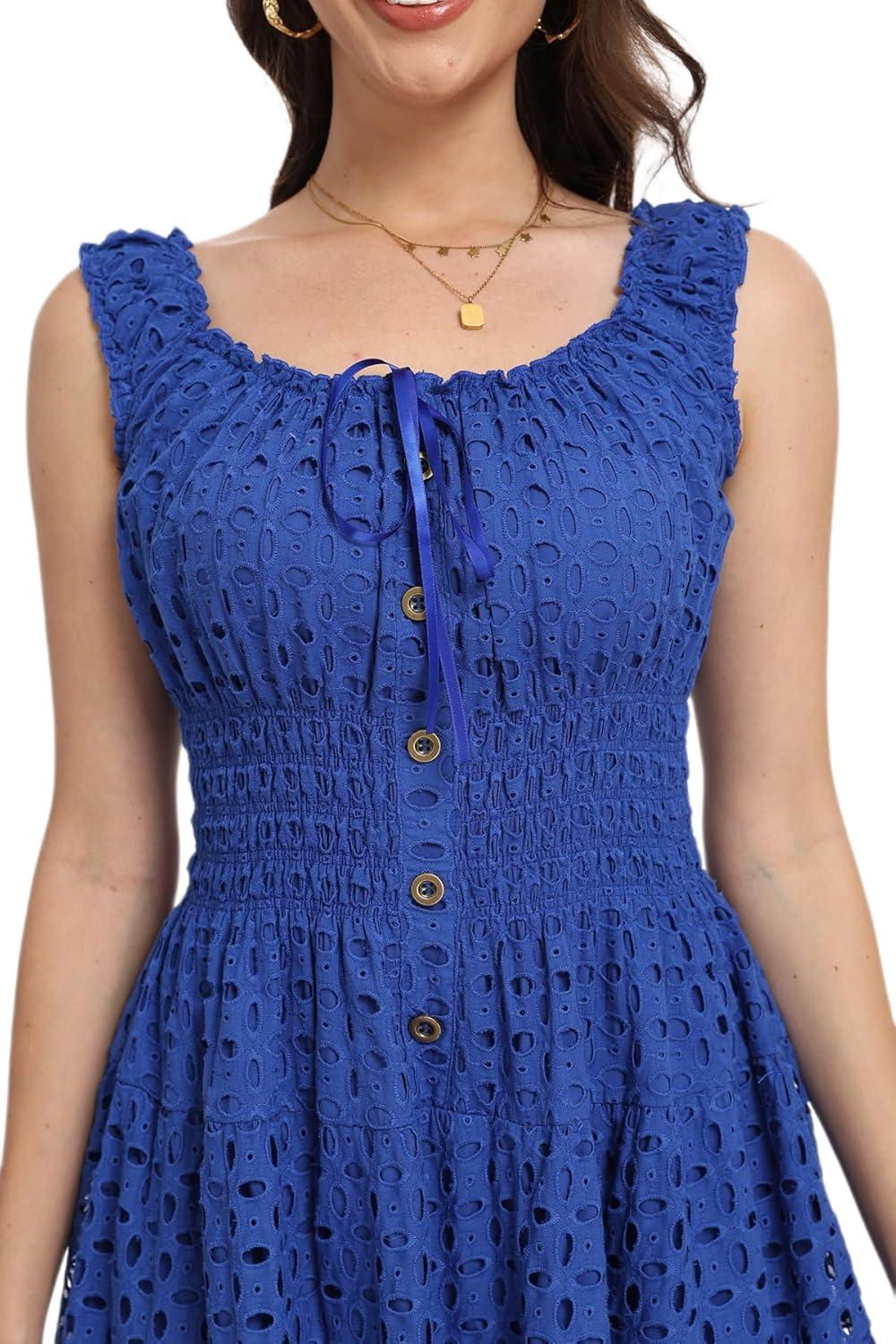 imageWomens 2025 Summer Short Dress Square Neck Hollow Out Lace Casual Beach DressesRoyal Blue