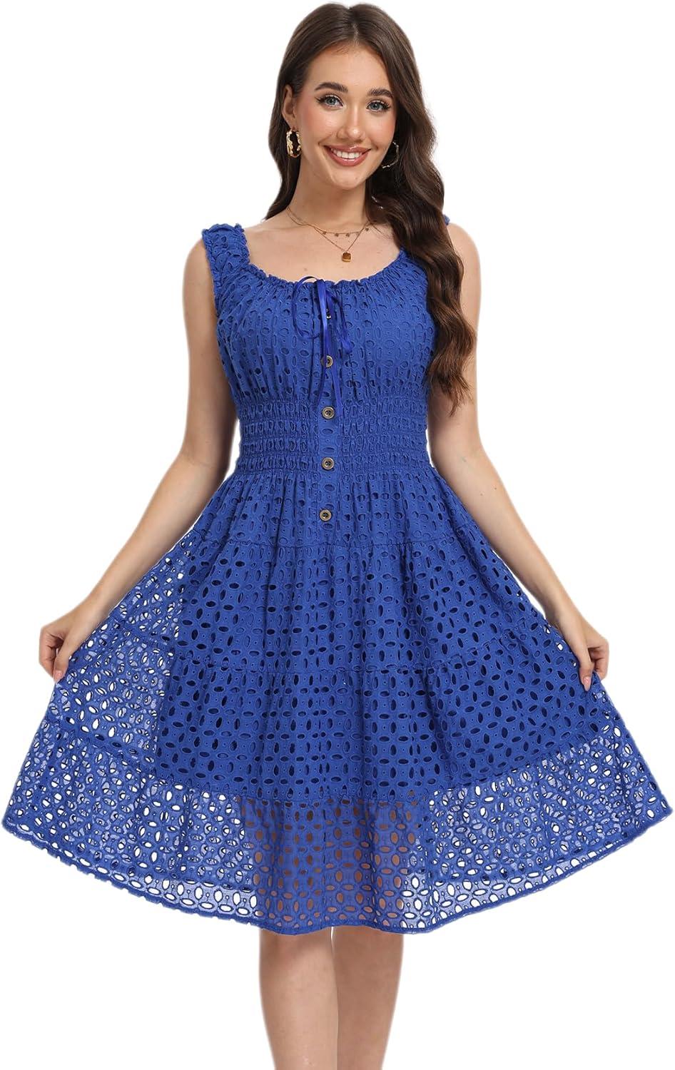 imageWomens 2025 Summer Short Dress Square Neck Hollow Out Lace Casual Beach DressesRoyal Blue
