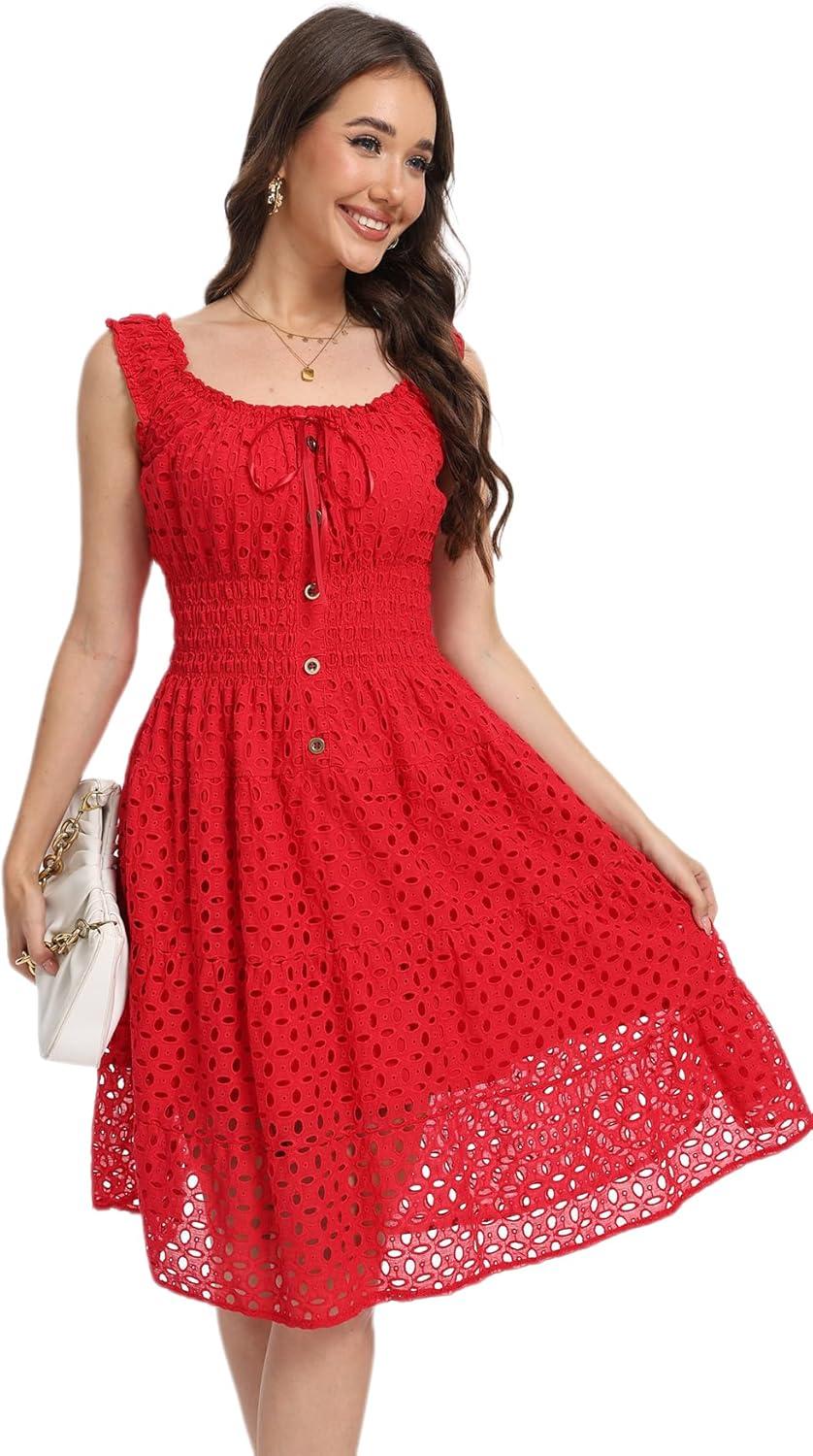 imageWomens 2025 Summer Short Dress Square Neck Hollow Out Lace Casual Beach DressesSolid Red