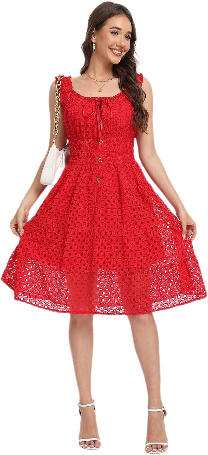 imageWomens 2025 Summer Short Dress Square Neck Hollow Out Lace Casual Beach DressesSolid Red