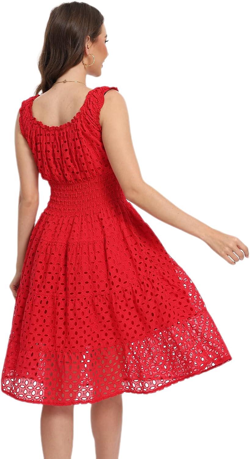 imageWomens 2025 Summer Short Dress Square Neck Hollow Out Lace Casual Beach DressesSolid Red