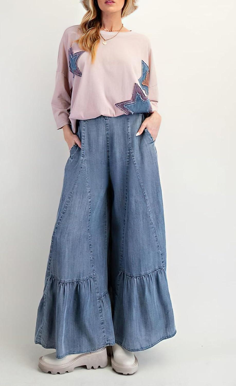 imagechouyatou Women 2025 Fashion Ruffle Wide Leg Jeans Baggy Elastic Waist Palazzo Jean Trousers Denim PantsBlue