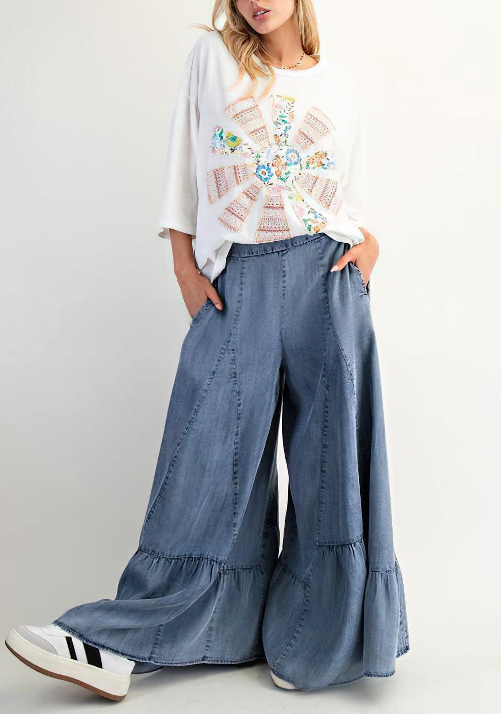 imagechouyatou Women 2025 Fashion Ruffle Wide Leg Jeans Baggy Elastic Waist Palazzo Jean Trousers Denim PantsBlue