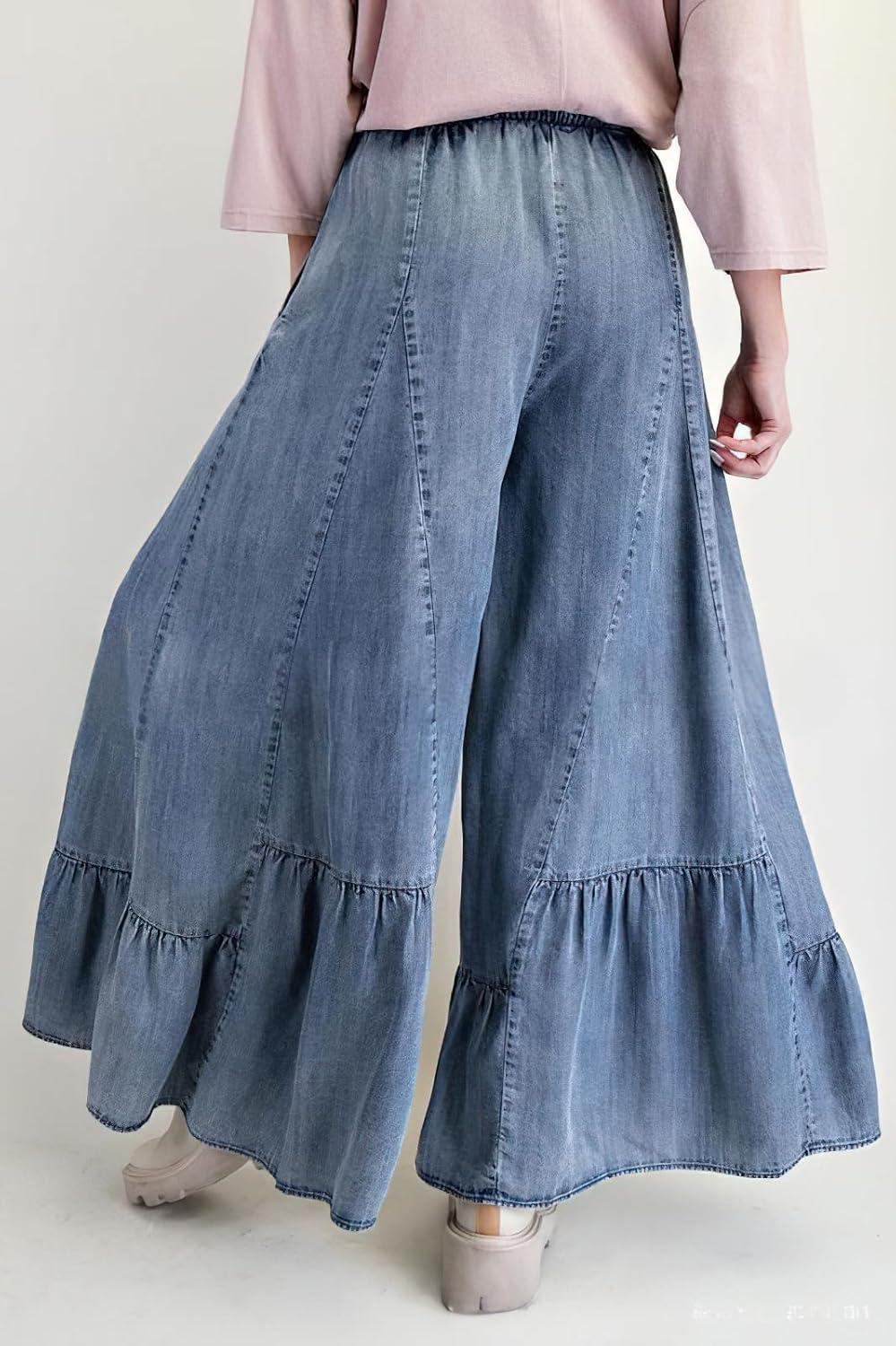 imagechouyatou Women 2025 Fashion Ruffle Wide Leg Jeans Baggy Elastic Waist Palazzo Jean Trousers Denim PantsBlue