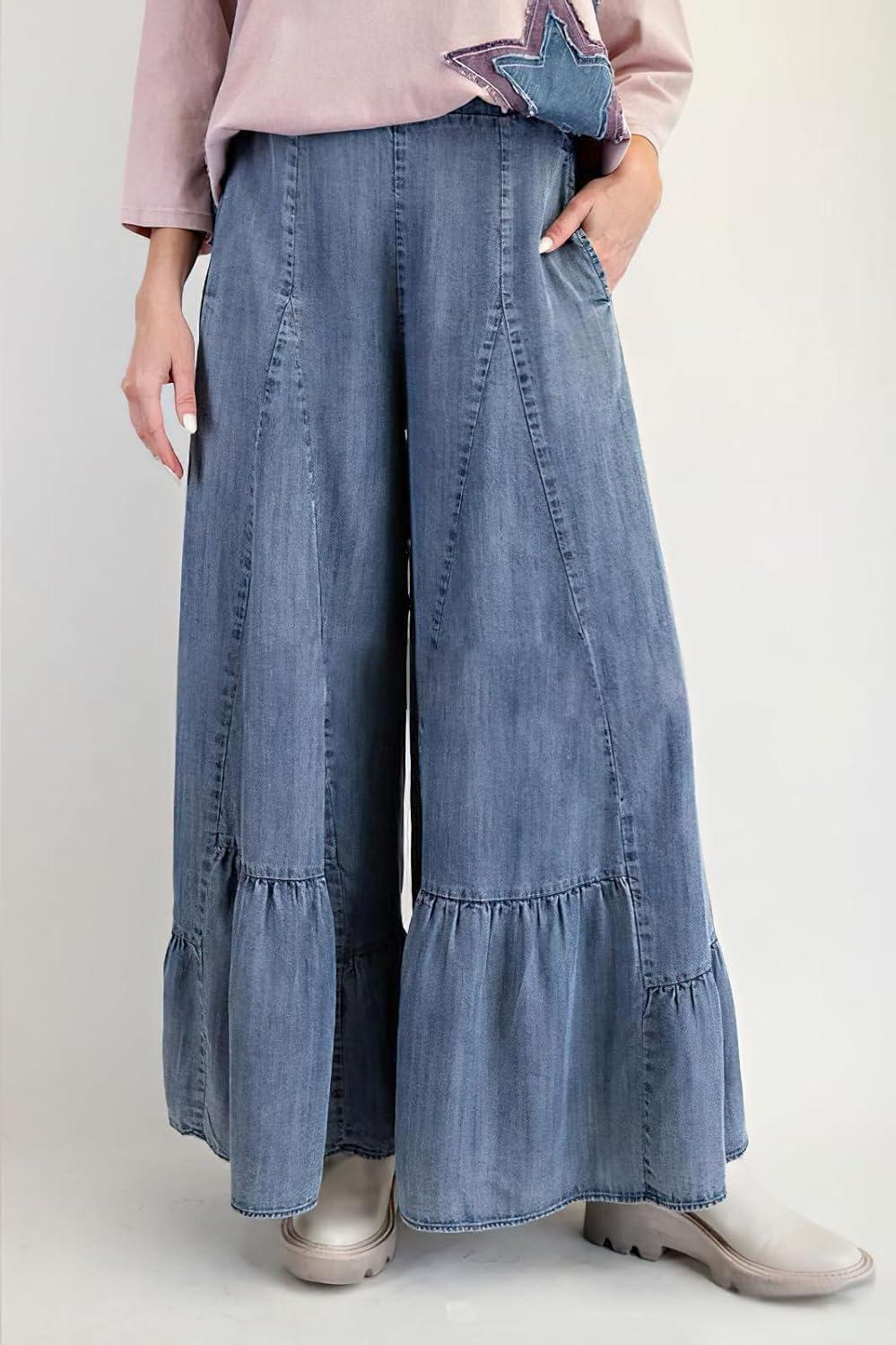 imagechouyatou Women 2025 Fashion Ruffle Wide Leg Jeans Baggy Elastic Waist Palazzo Jean Trousers Denim PantsBlue