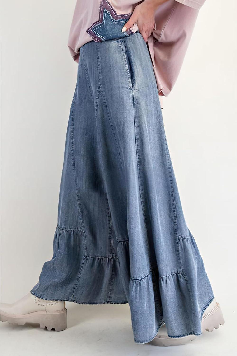 imagechouyatou Women 2025 Fashion Ruffle Wide Leg Jeans Baggy Elastic Waist Palazzo Jean Trousers Denim PantsBlue