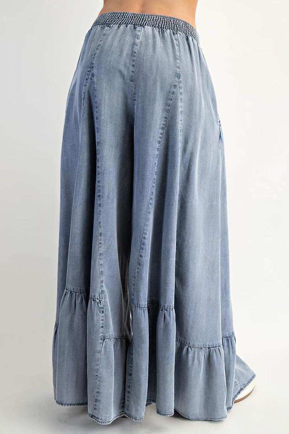 imagechouyatou Women 2025 Fashion Ruffle Wide Leg Jeans Baggy Elastic Waist Palazzo Jean Trousers Denim PantsLight Blue