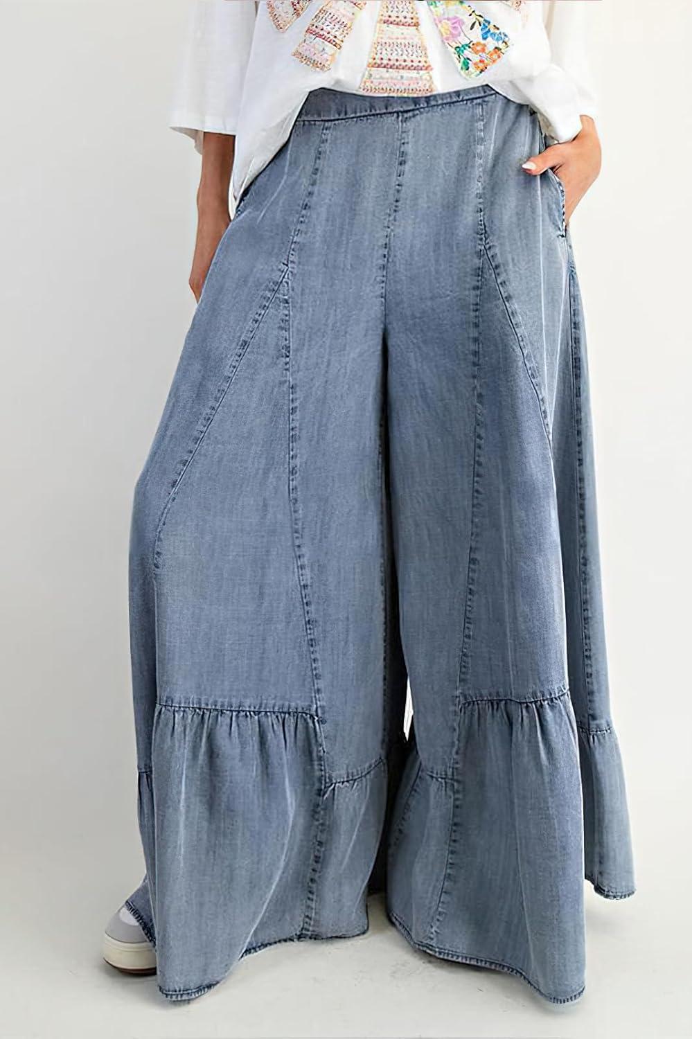 imagechouyatou Women 2025 Fashion Ruffle Wide Leg Jeans Baggy Elastic Waist Palazzo Jean Trousers Denim PantsLight Blue