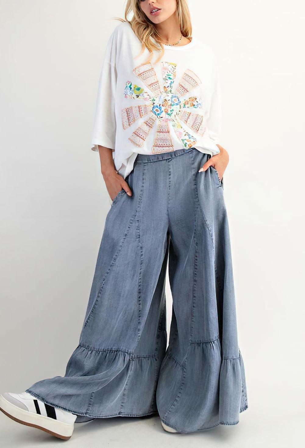 imagechouyatou Women 2025 Fashion Ruffle Wide Leg Jeans Baggy Elastic Waist Palazzo Jean Trousers Denim PantsLight Blue