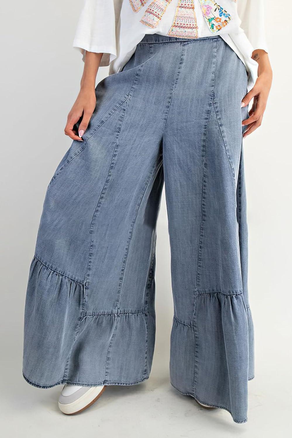 imagechouyatou Women 2025 Fashion Ruffle Wide Leg Jeans Baggy Elastic Waist Palazzo Jean Trousers Denim PantsLight Blue