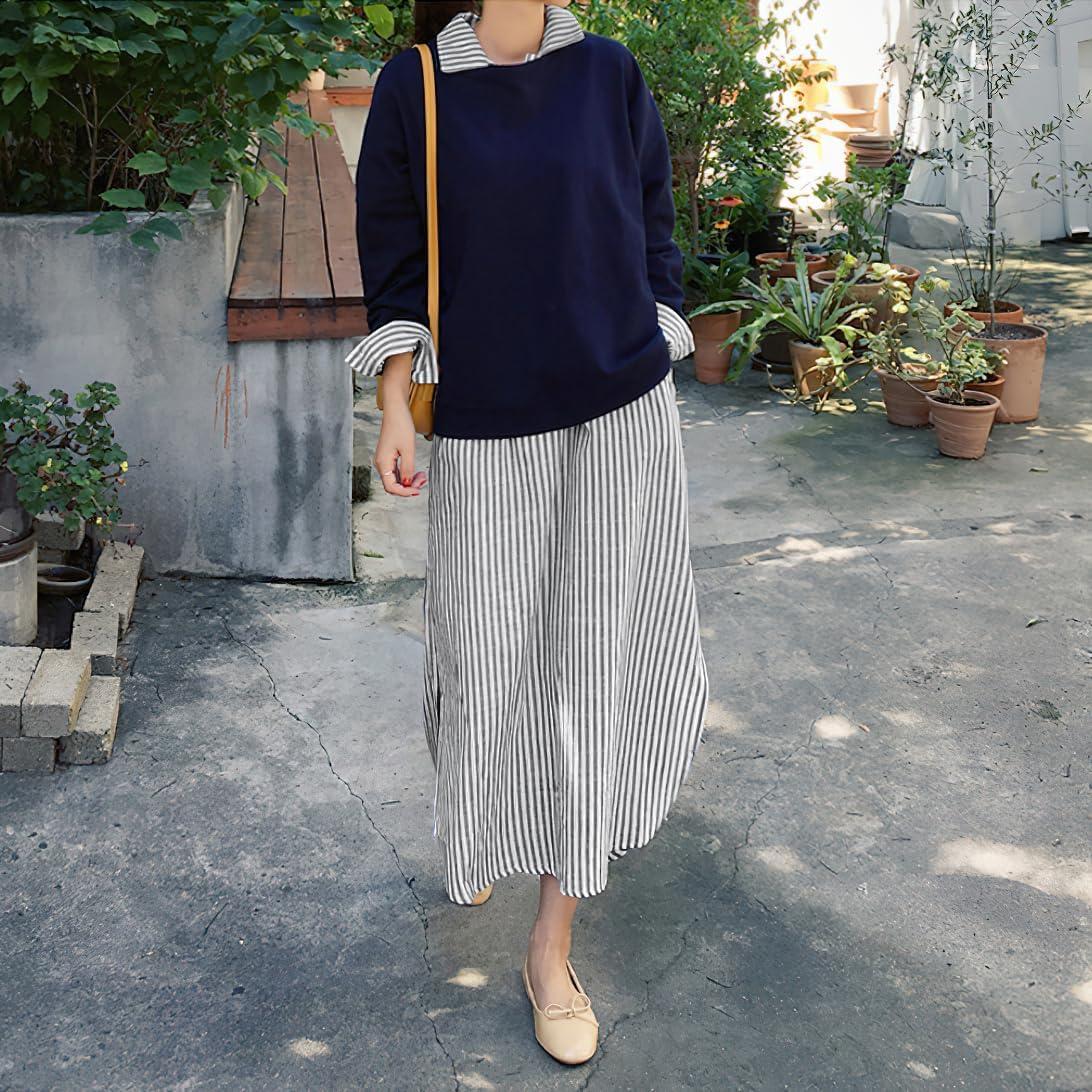 imagechouyatou Women Casual Long Sleeve V Neck Striped Shift Dress Loose Long Maxi Cotton Shirt Dress with PocketBlack