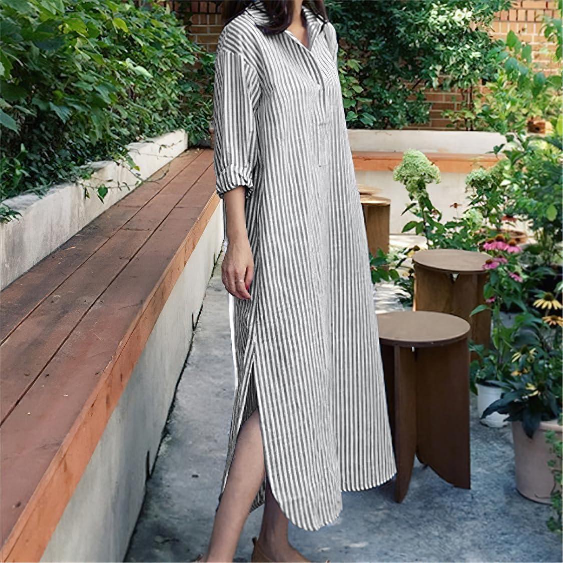 imagechouyatou Women Casual Long Sleeve V Neck Striped Shift Dress Loose Long Maxi Cotton Shirt Dress with PocketBlack