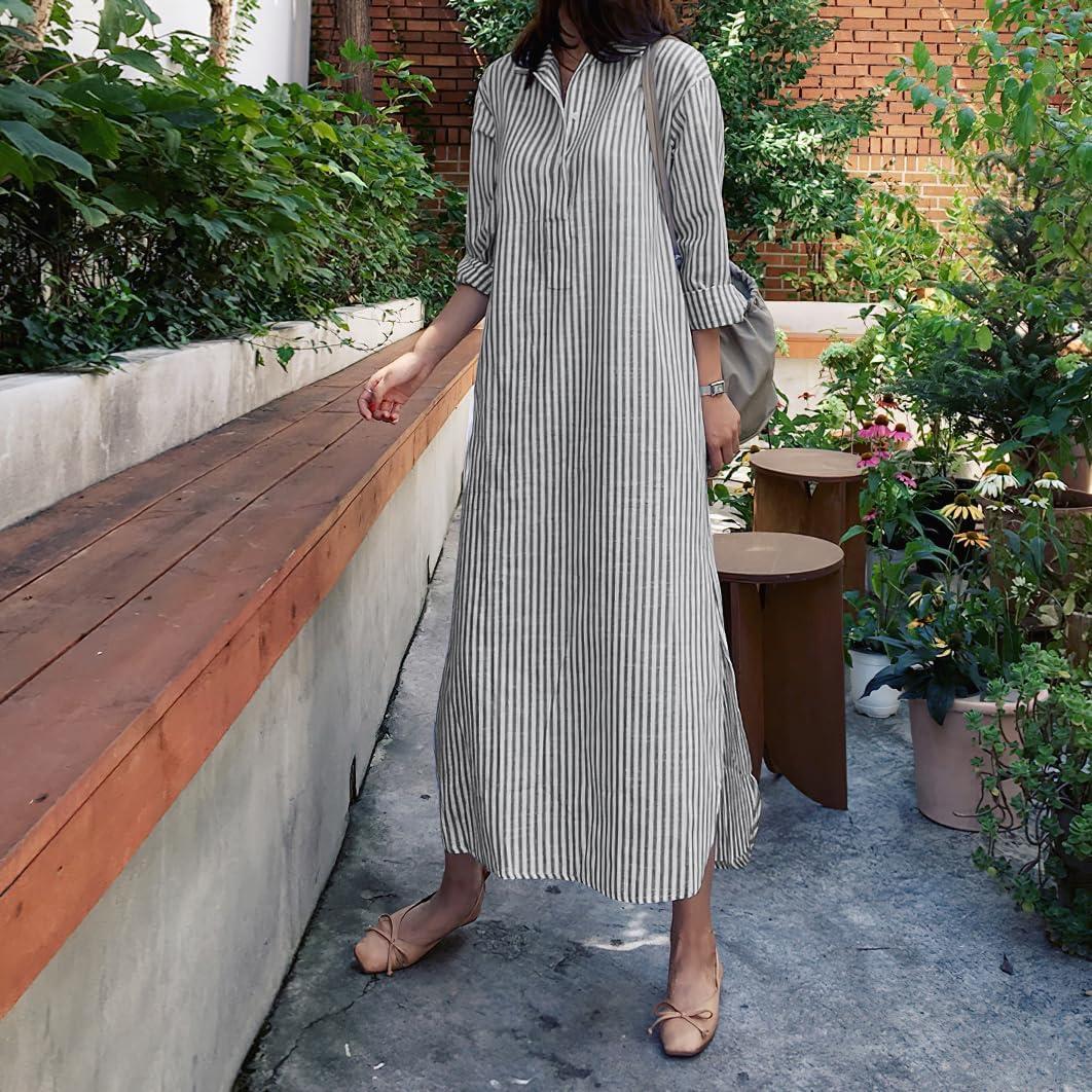 imagechouyatou Women Casual Long Sleeve V Neck Striped Shift Dress Loose Long Maxi Cotton Shirt Dress with PocketBlack