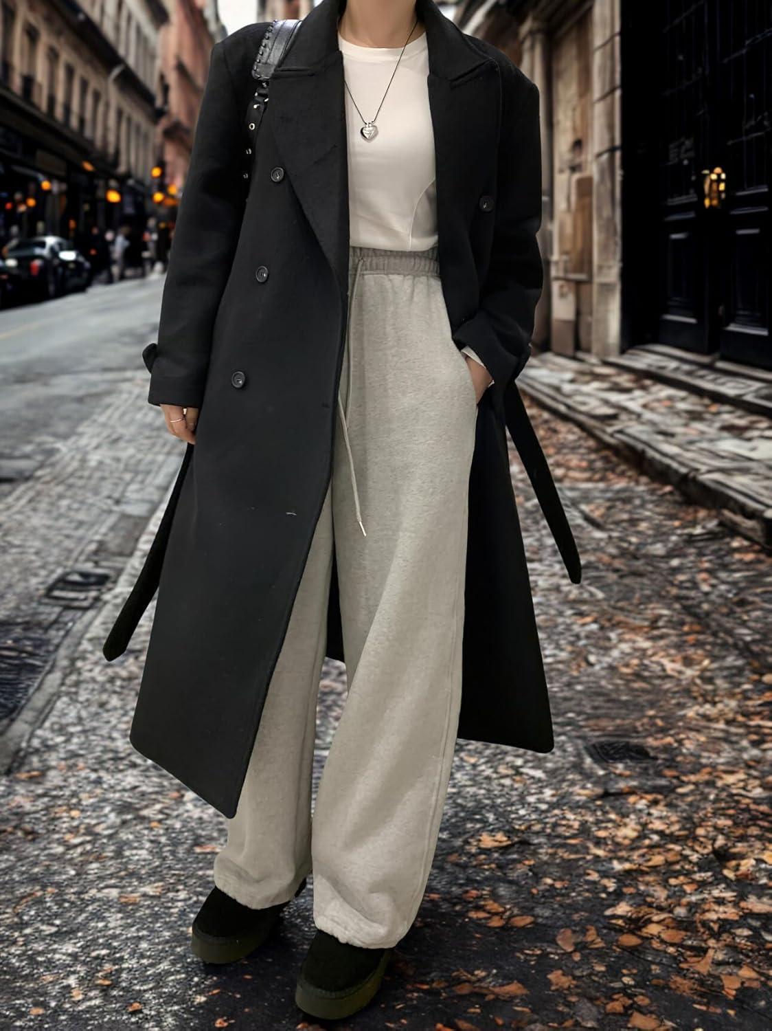 imagechouyatou Women Double Breasted Wool Coat Lapel Collar Long Peacoat Business Casual Trench Coat with BeltBlack