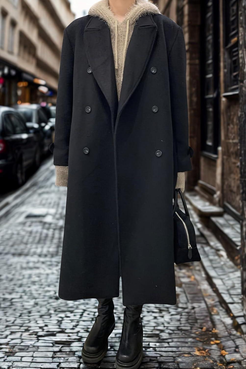 imagechouyatou Women Double Breasted Wool Coat Lapel Collar Long Peacoat Business Casual Trench Coat with BeltBlack