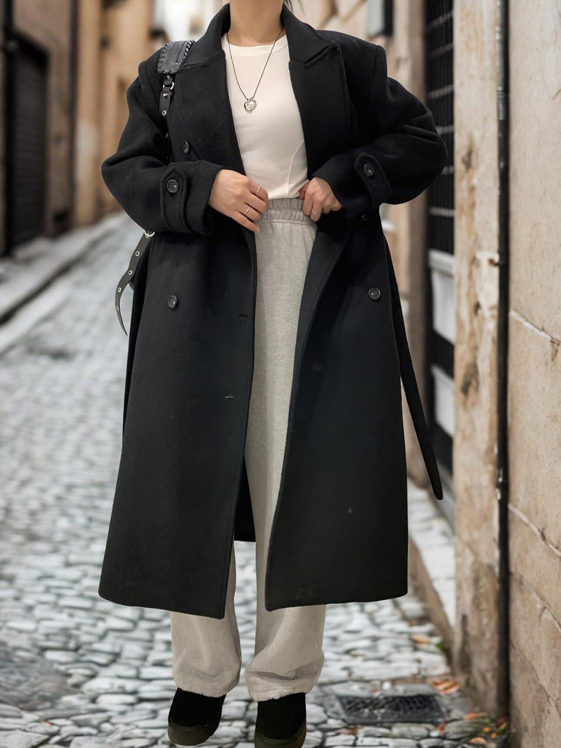imagechouyatou Women Double Breasted Wool Coat Lapel Collar Long Peacoat Business Casual Trench Coat with BeltBlack