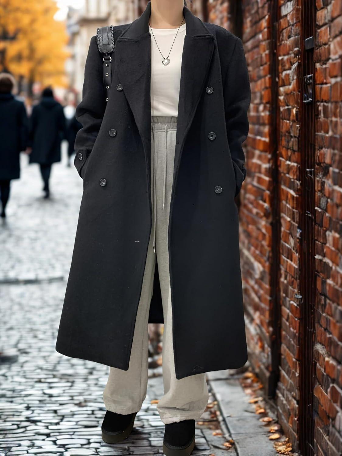 imagechouyatou Women Double Breasted Wool Coat Lapel Collar Long Peacoat Business Casual Trench Coat with BeltBlack