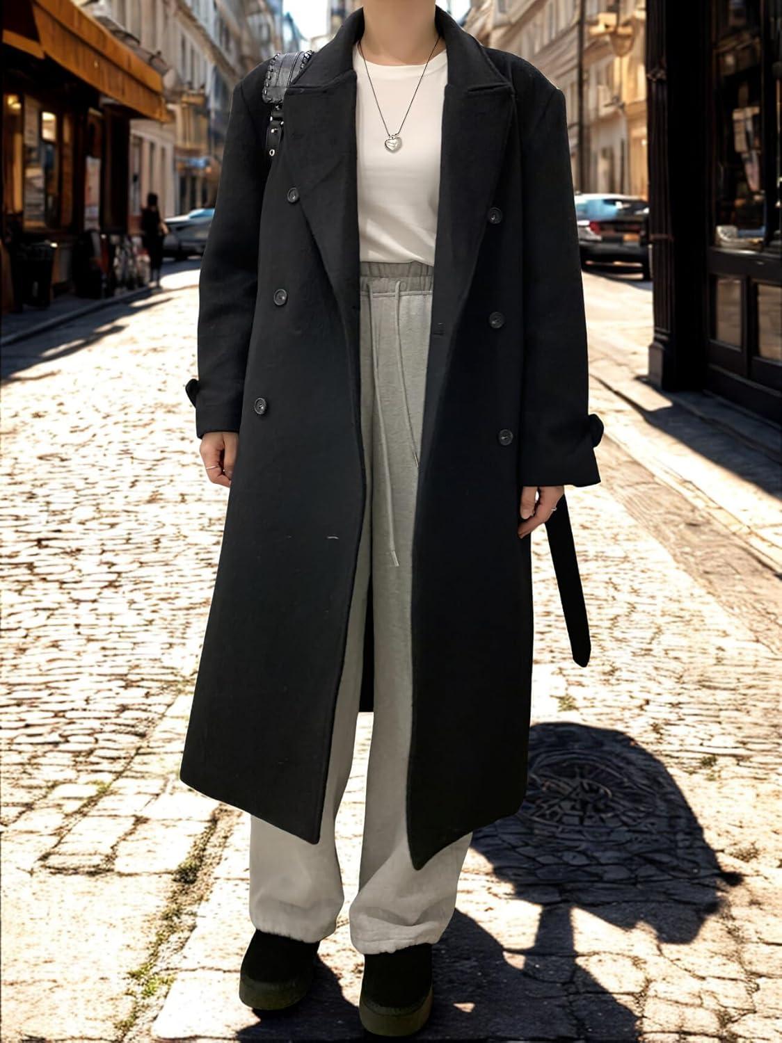 imagechouyatou Women Double Breasted Wool Coat Lapel Collar Long Peacoat Business Casual Trench Coat with BeltBlack