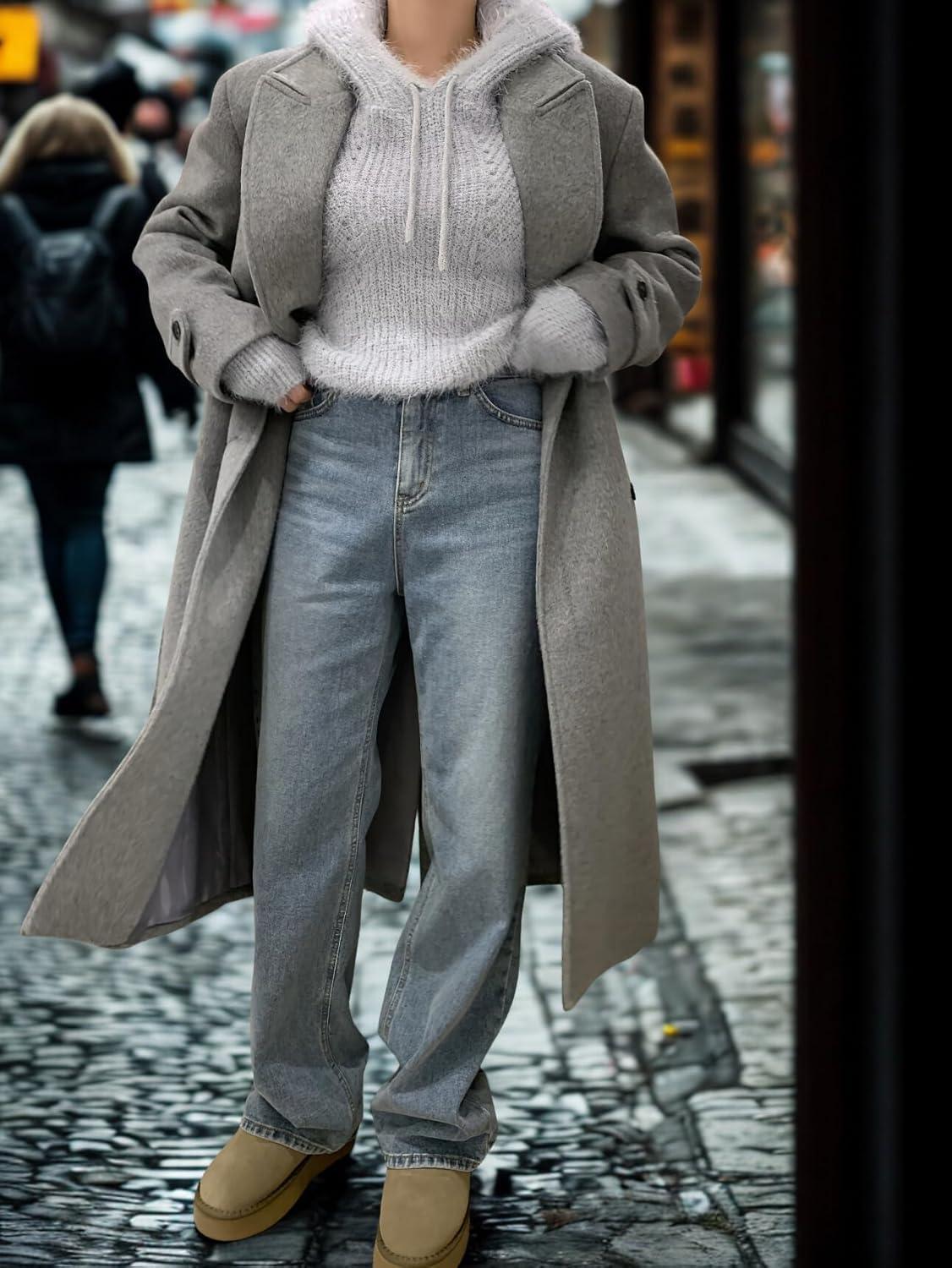 imagechouyatou Women Double Breasted Wool Coat Lapel Collar Long Peacoat Business Casual Trench Coat with BeltGrey