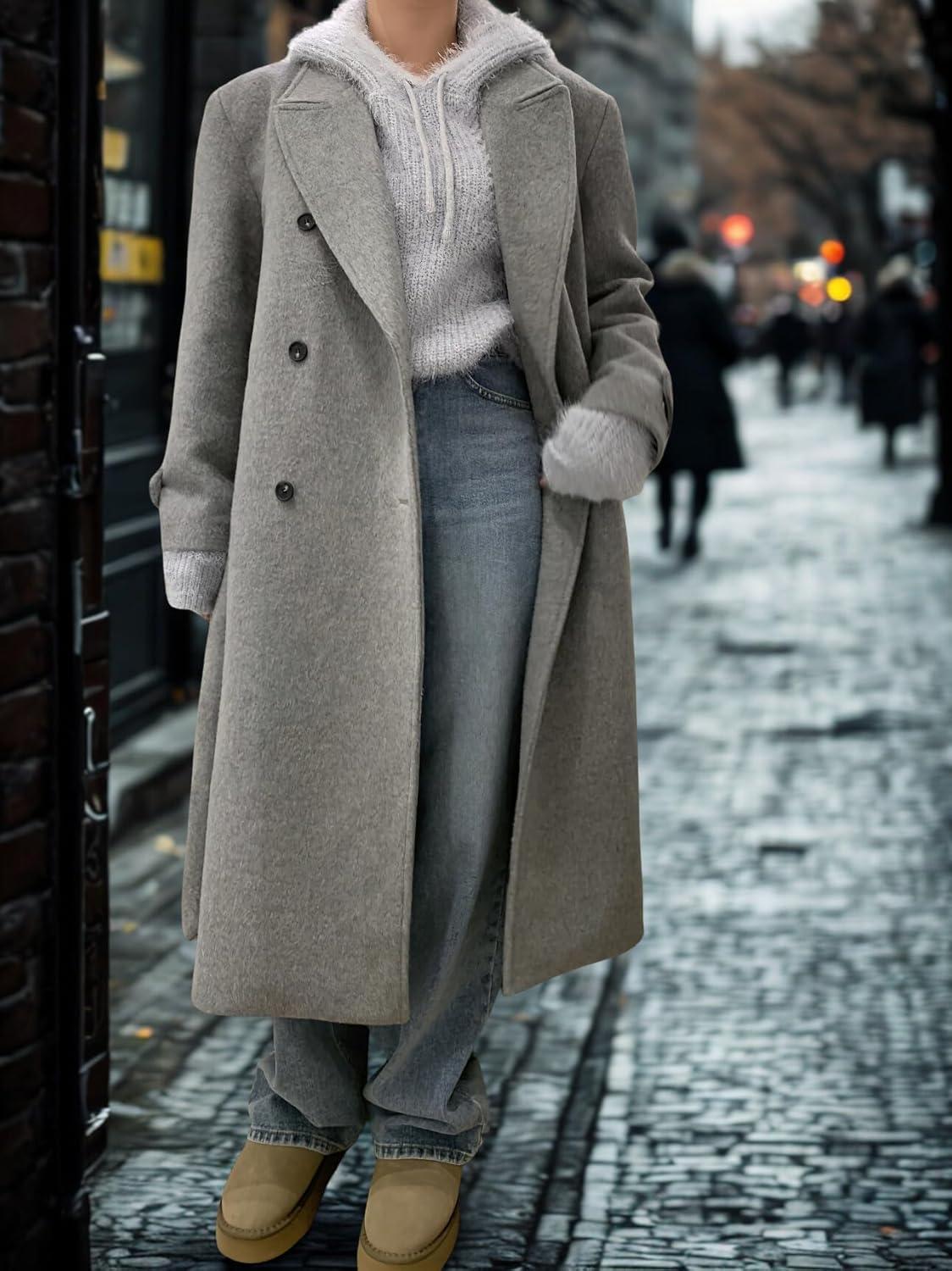 imagechouyatou Women Double Breasted Wool Coat Lapel Collar Long Peacoat Business Casual Trench Coat with BeltGrey