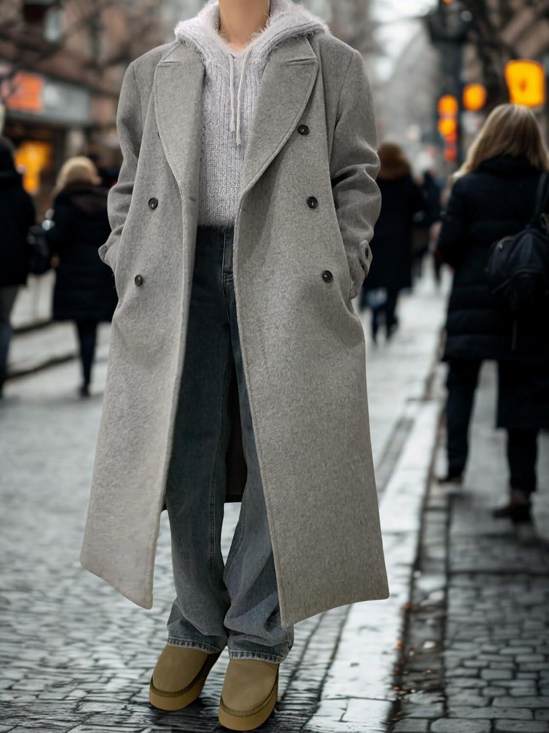 imagechouyatou Women Double Breasted Wool Coat Lapel Collar Long Peacoat Business Casual Trench Coat with BeltGrey