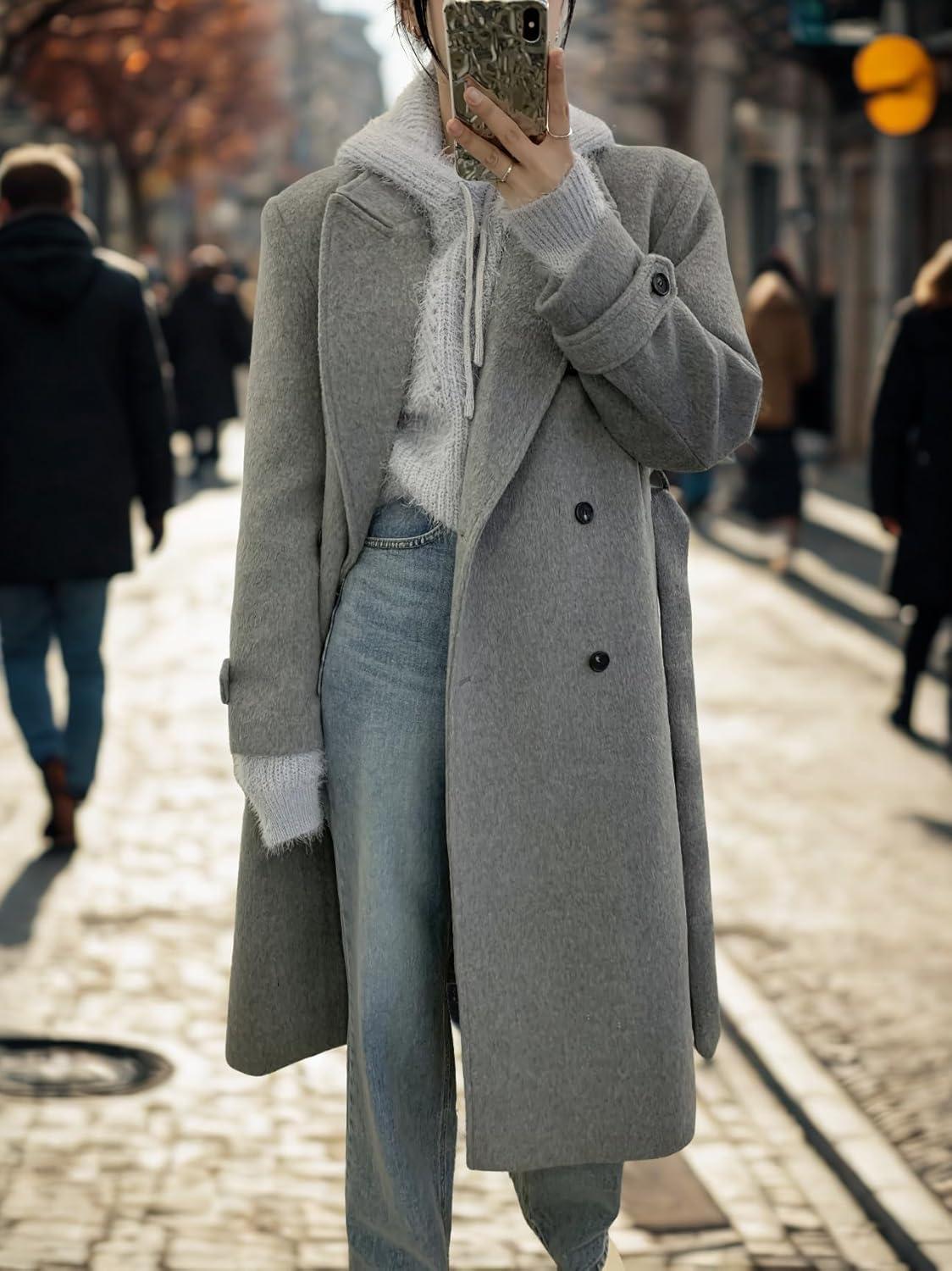 imagechouyatou Women Double Breasted Wool Coat Lapel Collar Long Peacoat Business Casual Trench Coat with BeltGrey
