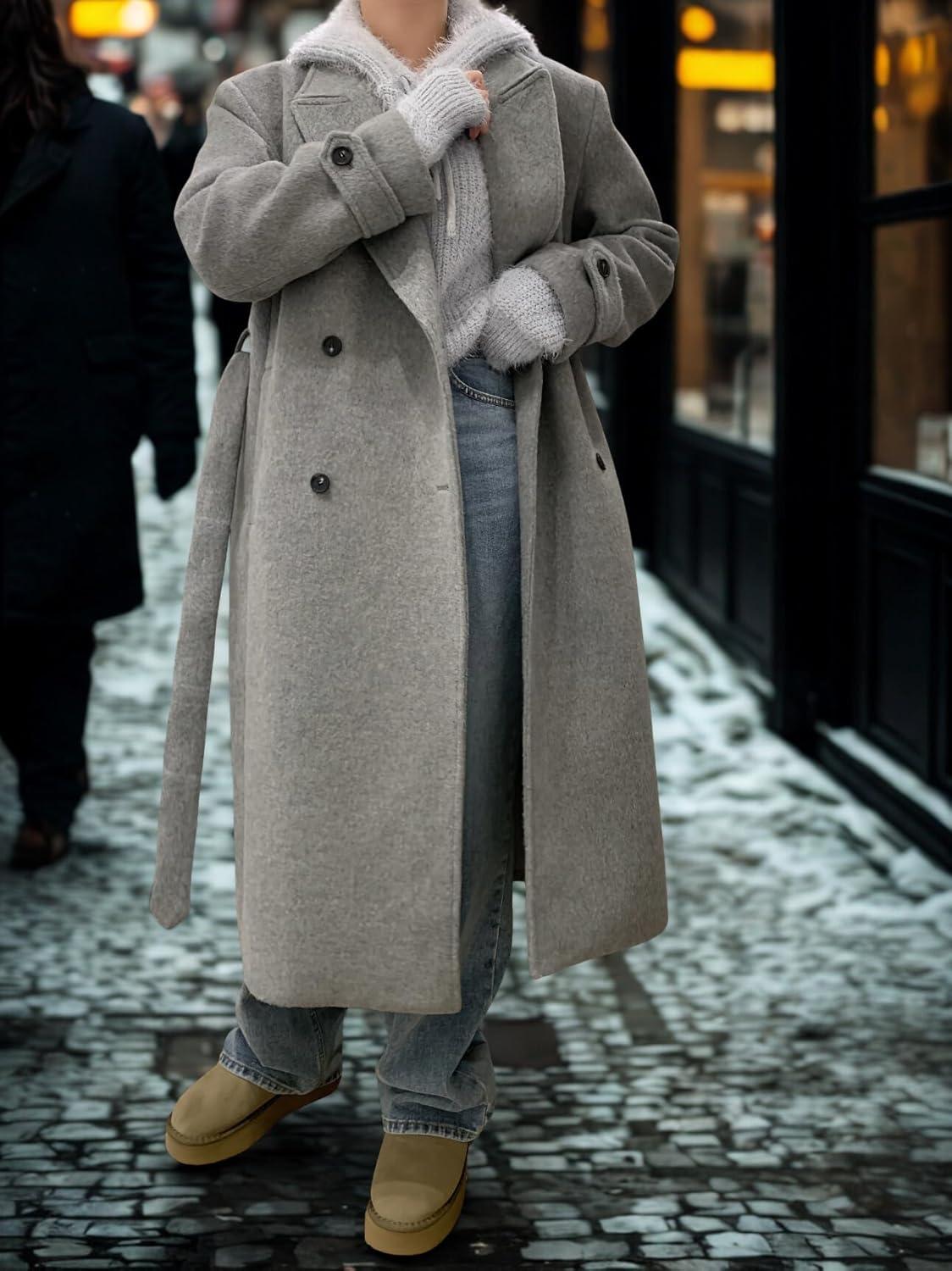 imagechouyatou Women Double Breasted Wool Coat Lapel Collar Long Peacoat Business Casual Trench Coat with BeltGrey