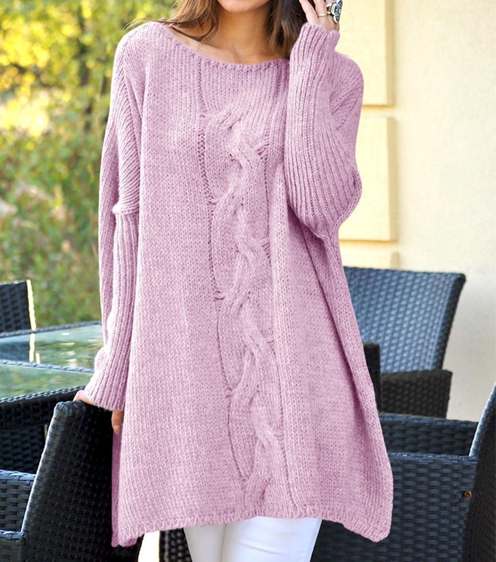 imagechouyatou Women Fall Cable Knit Pullover Sweater Tunic or Tops to Wear with Leggings Loose Chunky SweaterPink