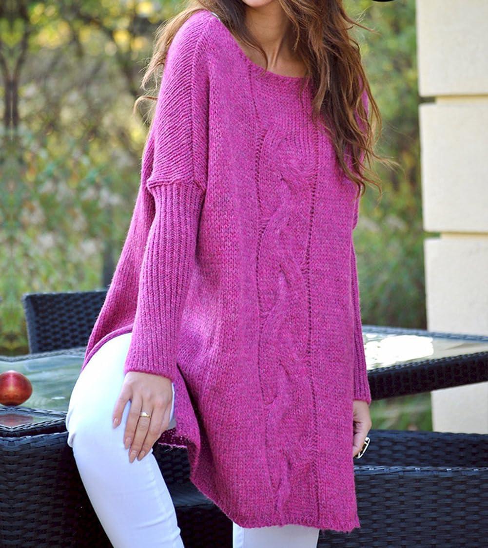 imagechouyatou Women Fall Cable Knit Pullover Sweater Tunic or Tops to Wear with Leggings Loose Chunky SweaterRose Red