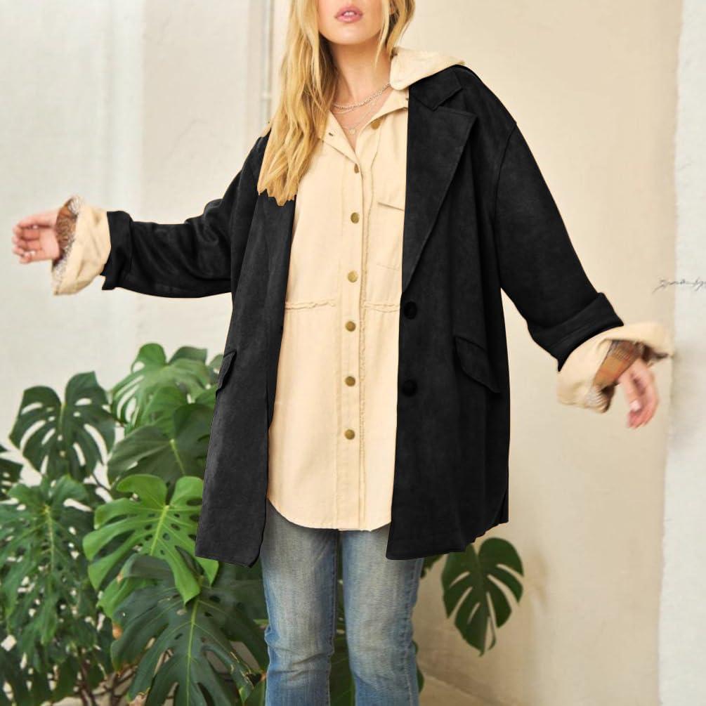 imagechouyatou Women Fall Notch Lapel Faux Suede Leather Trench Coat Overcoat Business Casual Midi Long Pea CoatBlack