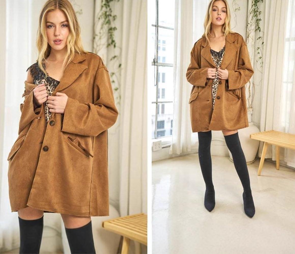 imagechouyatou Women Fall Notch Lapel Faux Suede Leather Trench Coat Overcoat Business Casual Midi Long Pea CoatBrown