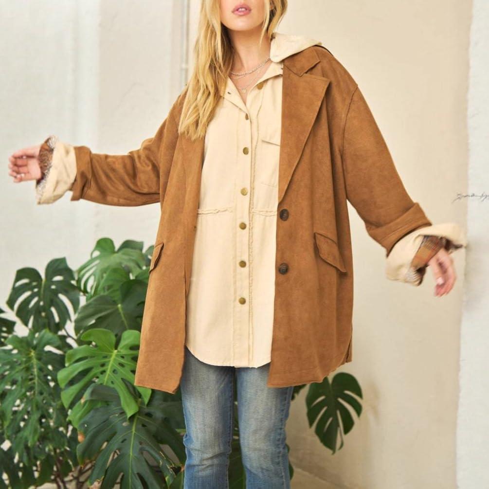 imagechouyatou Women Fall Notch Lapel Faux Suede Leather Trench Coat Overcoat Business Casual Midi Long Pea CoatBrown
