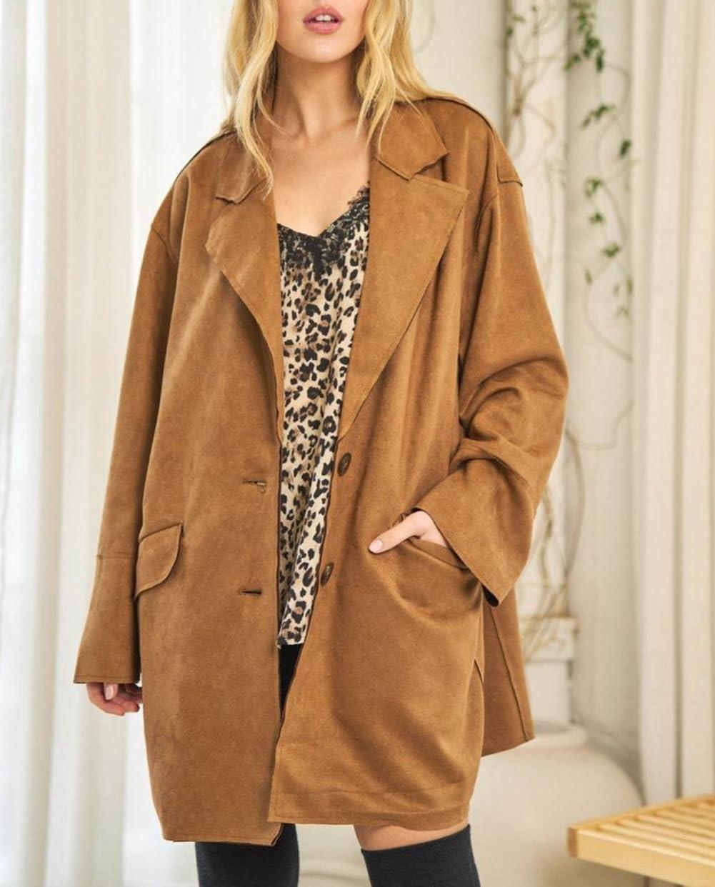 imagechouyatou Women Fall Notch Lapel Faux Suede Leather Trench Coat Overcoat Business Casual Midi Long Pea CoatBrown