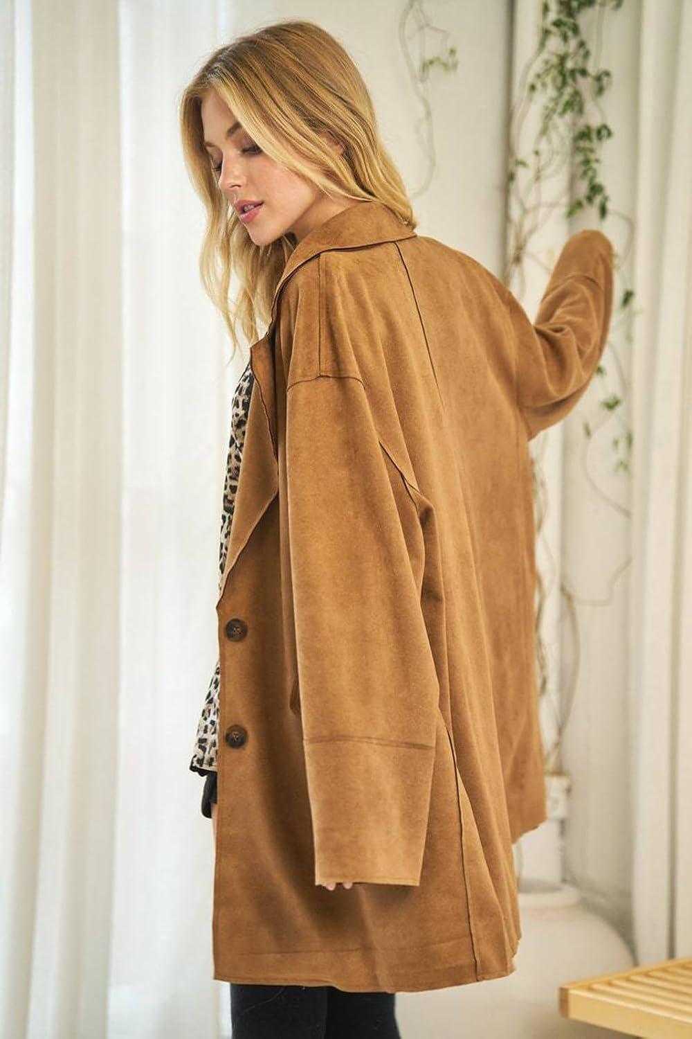 imagechouyatou Women Fall Notch Lapel Faux Suede Leather Trench Coat Overcoat Business Casual Midi Long Pea CoatBrown