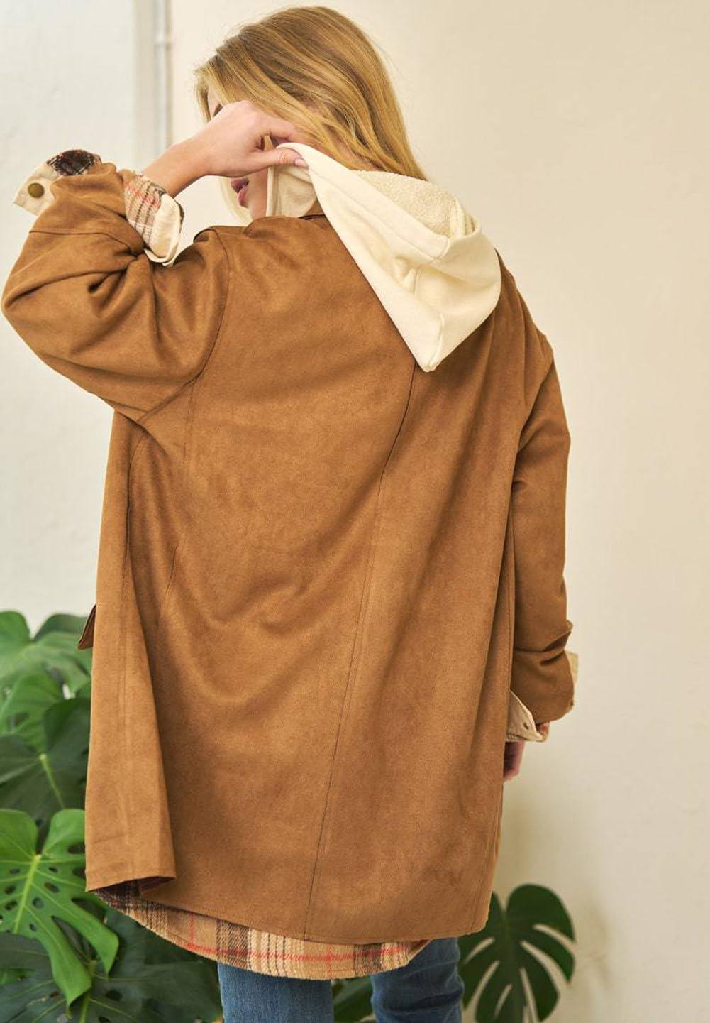 imagechouyatou Women Fall Notch Lapel Faux Suede Leather Trench Coat Overcoat Business Casual Midi Long Pea CoatBrown
