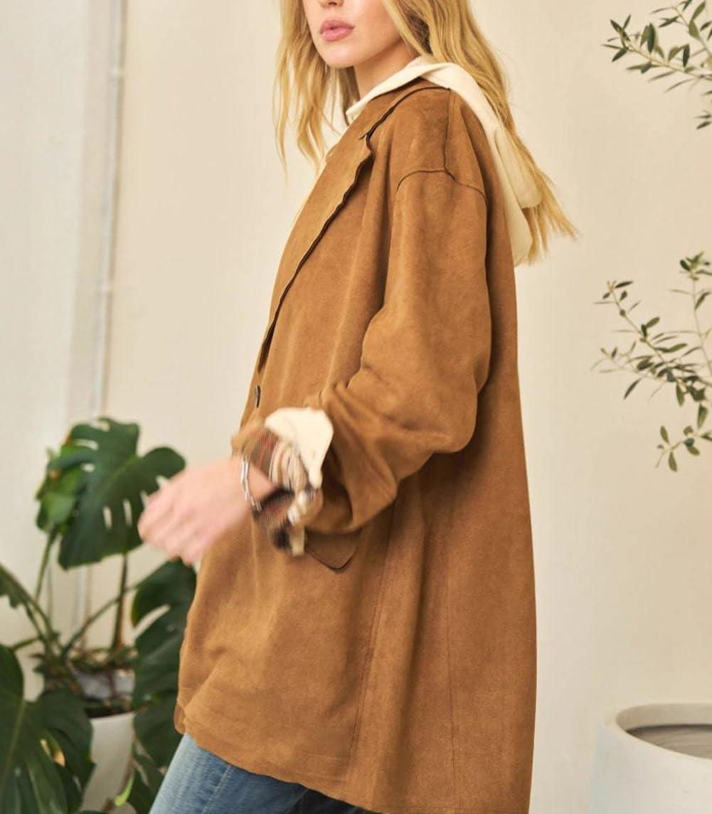 imagechouyatou Women Fall Notch Lapel Faux Suede Leather Trench Coat Overcoat Business Casual Midi Long Pea CoatBrown
