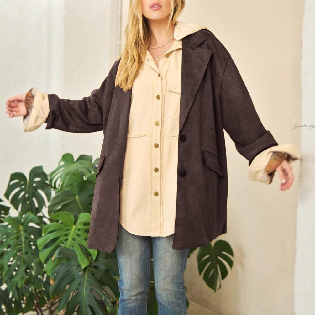 imagechouyatou Women Fall Notch Lapel Faux Suede Leather Trench Coat Overcoat Business Casual Midi Long Pea CoatCoffee