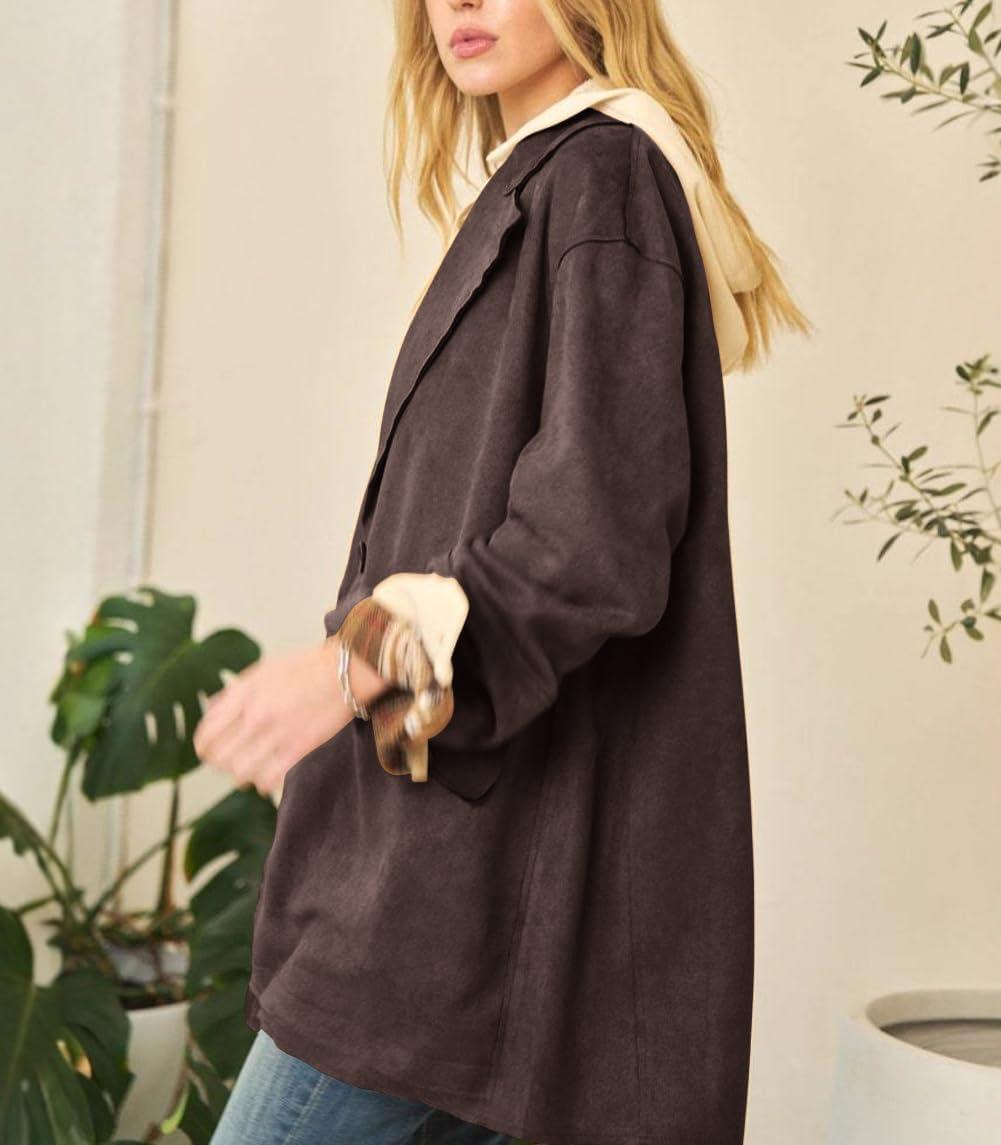 imagechouyatou Women Fall Notch Lapel Faux Suede Leather Trench Coat Overcoat Business Casual Midi Long Pea CoatCoffee