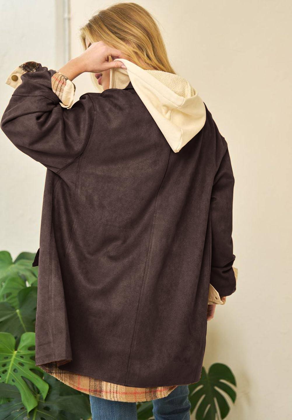 imagechouyatou Women Fall Notch Lapel Faux Suede Leather Trench Coat Overcoat Business Casual Midi Long Pea CoatCoffee